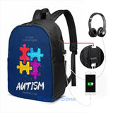 Autism Awareness USB Charge Backpack School Travel Laptop Bag