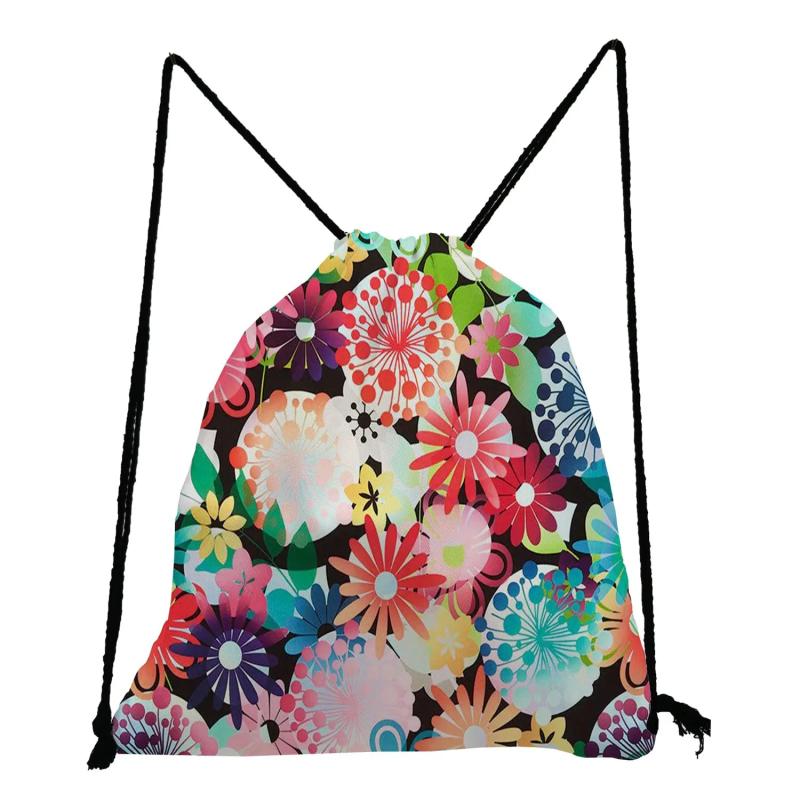 Portable Women Backpack Round Floral Drawstring Pocket Foldable Storage Bags