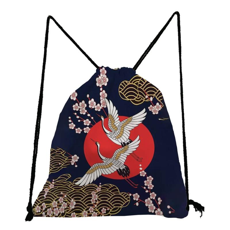 Japanese Style Crane Bird Drawstring Backpack for Students