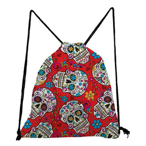 Unisex Floral Skull Print Drawstring Backpack Halloween Candy Gift Bag