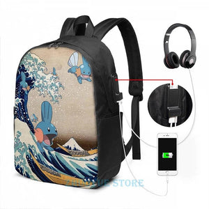 Funny Mudkip Wave USB Charge Backpack School Travel Laptop Bag