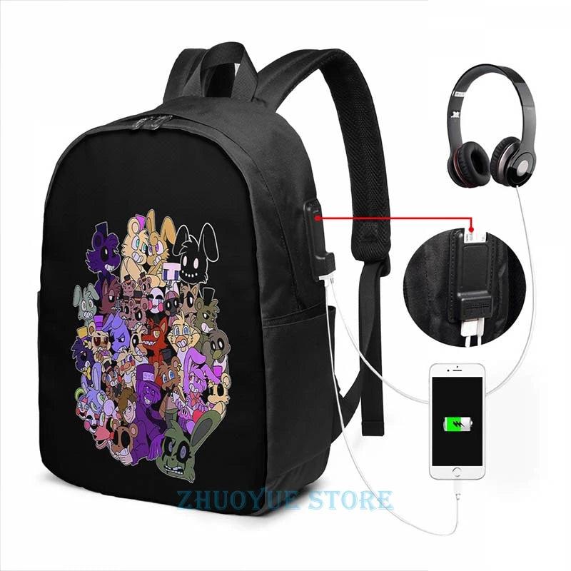 Funny FNAF USB Charge Backpack School Travel Laptop Bag