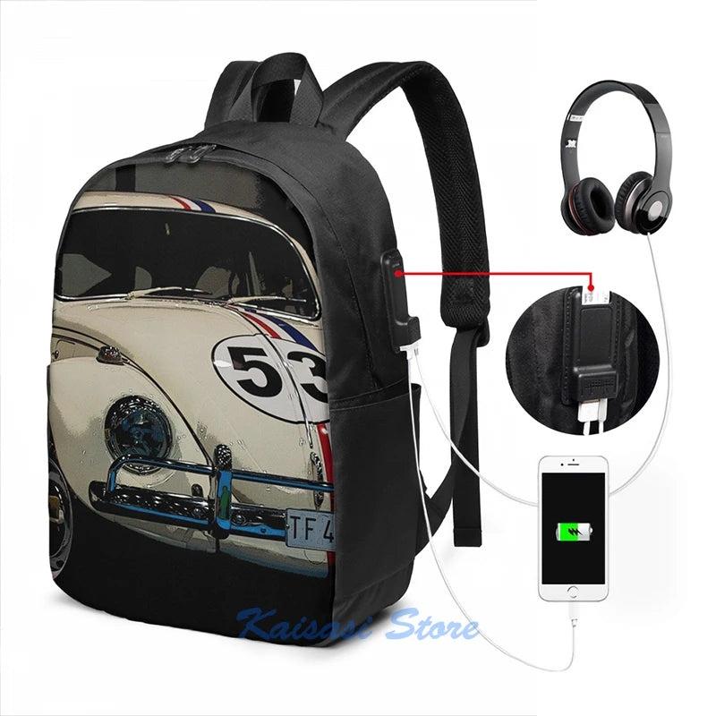 Funny Graphic Print Herbie USB Charge Backpack School Travel Laptop Bag