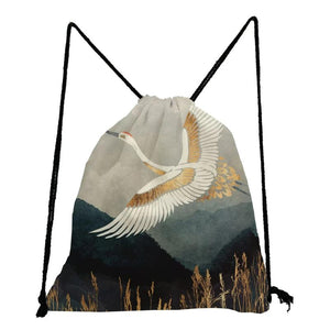Japanese Ukiyoe Crane Drawstring Pocket Backpack