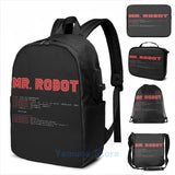 Funny MR ROBOT fsociety00 USB Charge Backpack School Travel Laptop Bag
