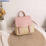 Women's Vintage Straw Backpack Shoulder Bag Woven PU Leather Small