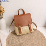 Women's Vintage Straw Backpack Shoulder Bag Woven PU Leather Small