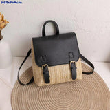 Women's Vintage Straw Backpack Shoulder Bag Woven PU Leather Small