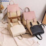 Women's Vintage Straw Backpack Shoulder Bag Woven PU Leather Small