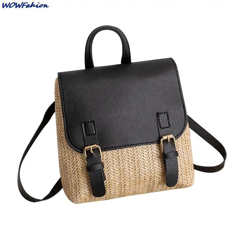 Women's Vintage Straw Backpack Shoulder Bag Woven PU Leather Small