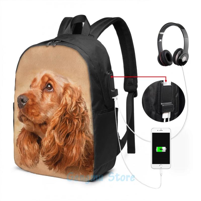 Graphic Print Cocker Spaniel Dog USB Charge Backpack for Travel