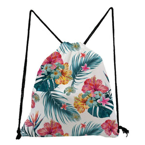 Floral Leaf Print Backpack Unisex Pretty Drawstring Bags Preppy Style Travel Bag