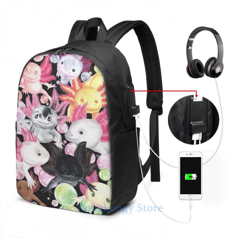 Funny Axolotls USB Charge Backpack men School bags Women bag Travel laptop
