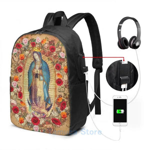 Our Lady of Guadalupe Virgin Mary Graphic Print USB Charge Backpack