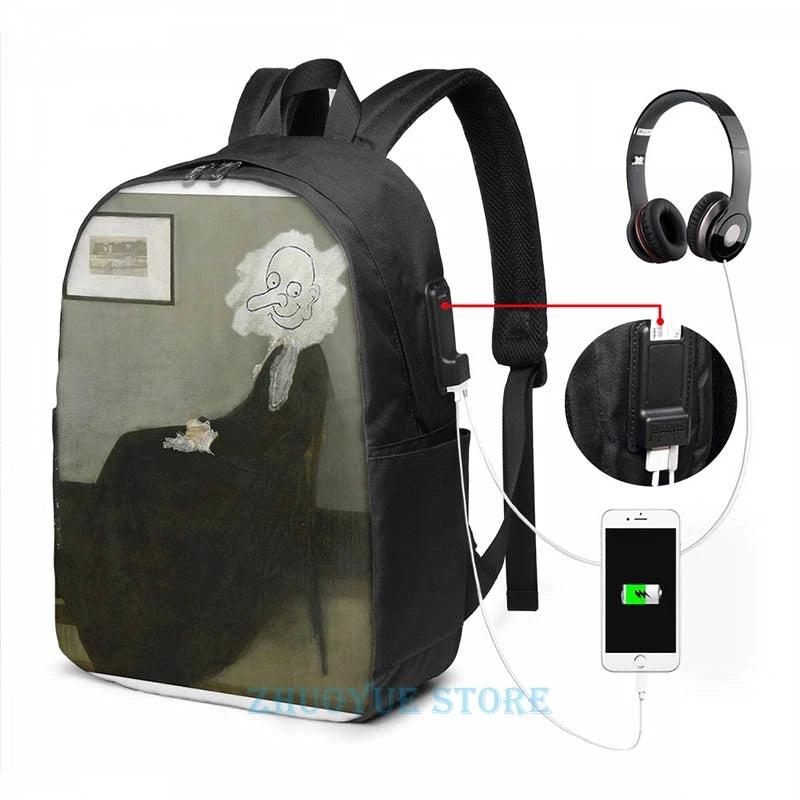 Funny Graphic Whistlers Mother Mr Bean USB Charge Backpack Men School Bag