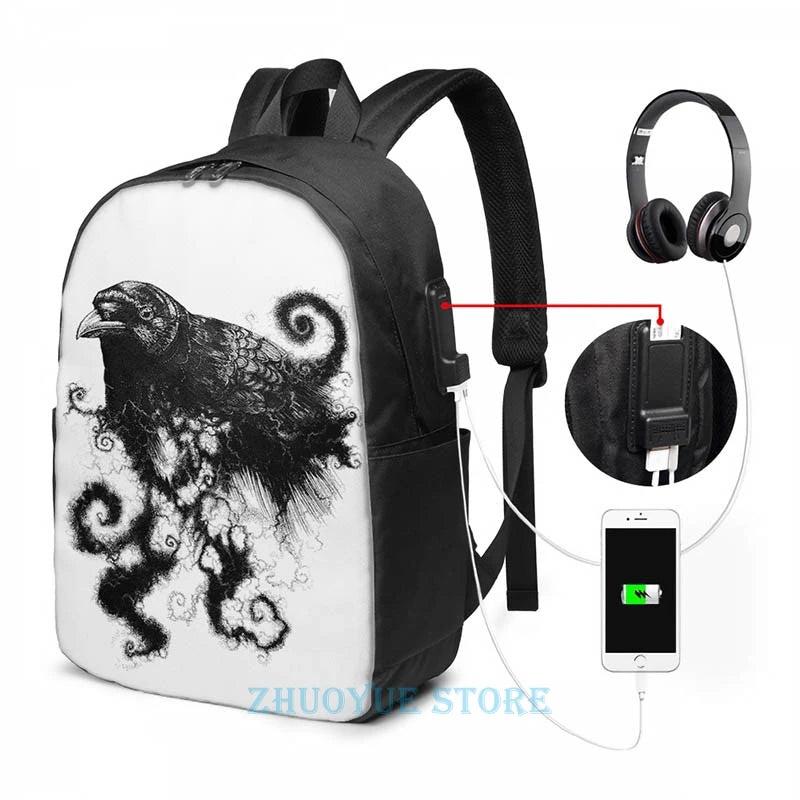 Funny Graphic Weather Crow USB Charge Backpack Men School Women
