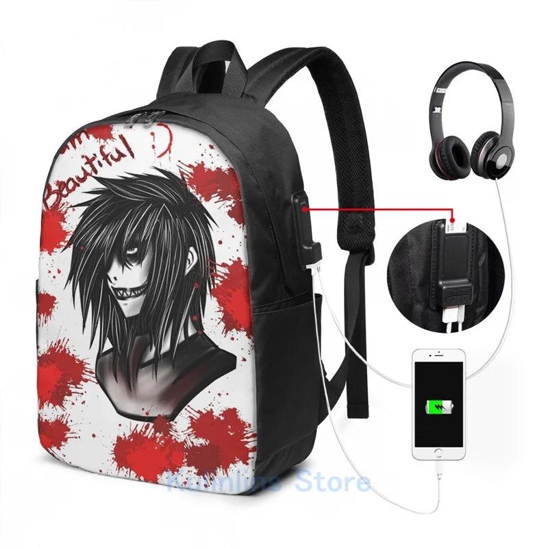 Funny Graphic Jeff the Killer USB Charge Backpack - School Travel Laptop Bag