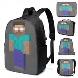 Funny Herobrine USB Charge Backpack School Travel Laptop Bag