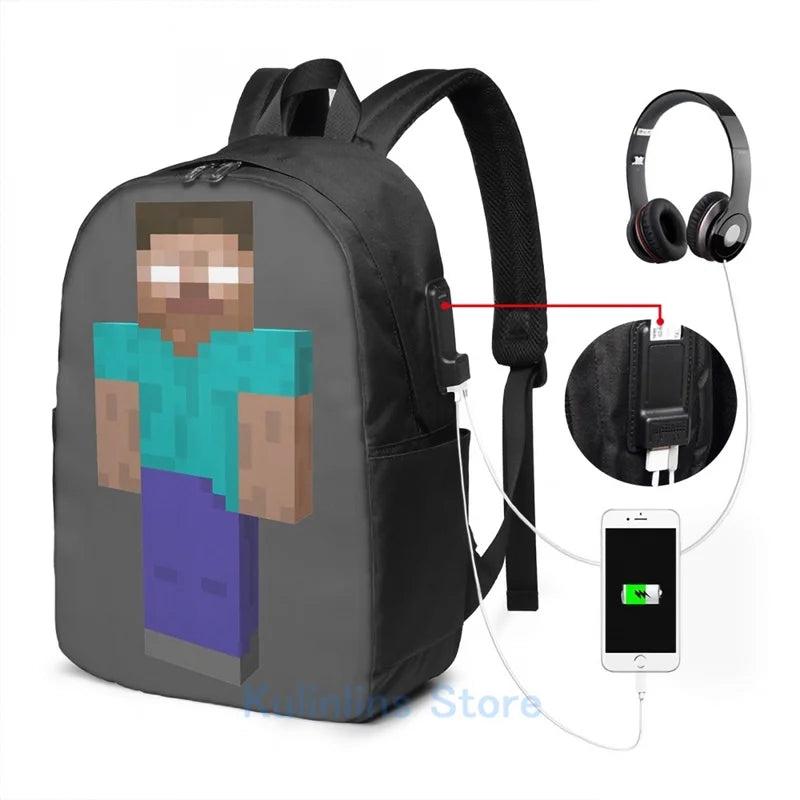 Funny Herobrine USB Charge Backpack School Travel Laptop Bag