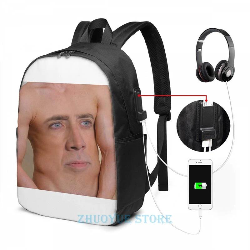 Nicolas Cage Graphic Print USB Charge Backpack - Ribcage Design