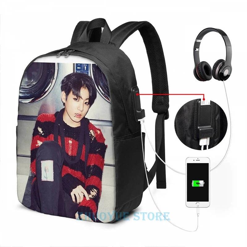 Funny Graphic Print Jungkook USB Charge Backpack School Travel Laptop Bag