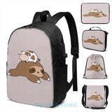 Funny Sloth and Tiny Cow USB Charge Backpack School Travel Laptop Bag
