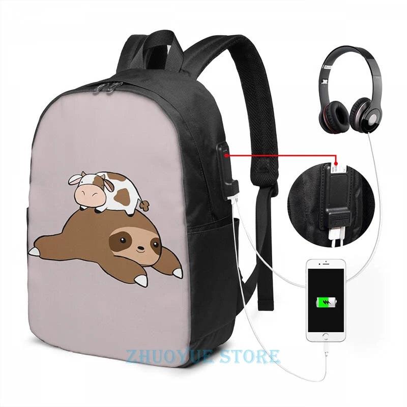 Funny Sloth and Tiny Cow USB Charge Backpack School Travel Laptop Bag