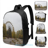 Funny Graphic Print Pripyat Chernobyl Ferris Wheel USB Charge Backpack