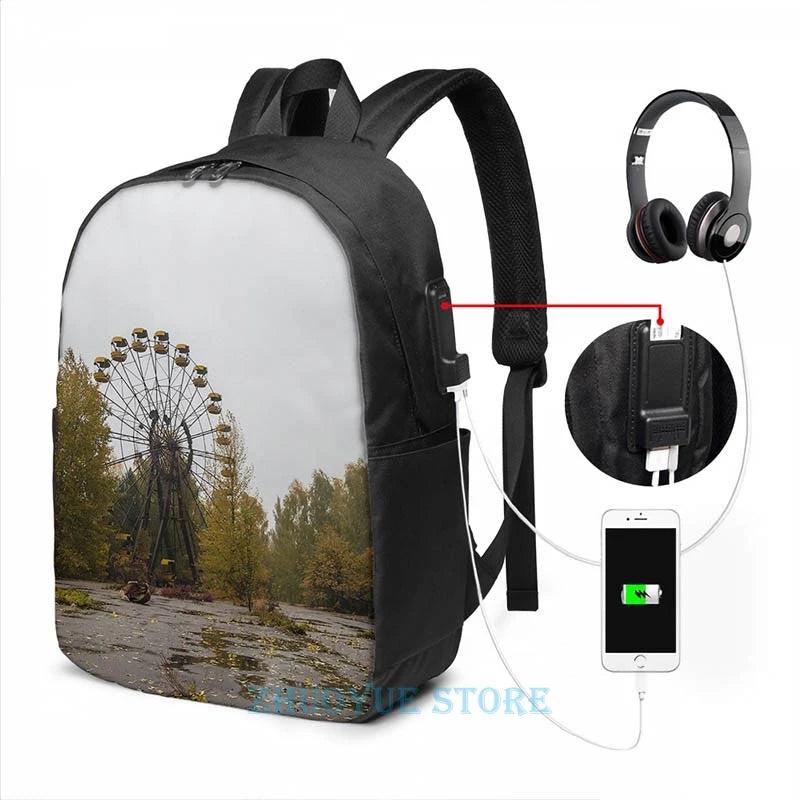 Funny Graphic Print Pripyat Chernobyl Ferris Wheel USB Charge Backpack