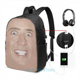 Funny Nicholas Cage Face Pattern USB Charge Backpack Men Women Travel Laptop Bag