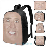 Funny Nicholas Cage Face Pattern USB Charge Backpack Men Women Travel Laptop Bag