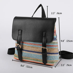 Women Multi-Function Backpack Straw PU Leather School Bag
