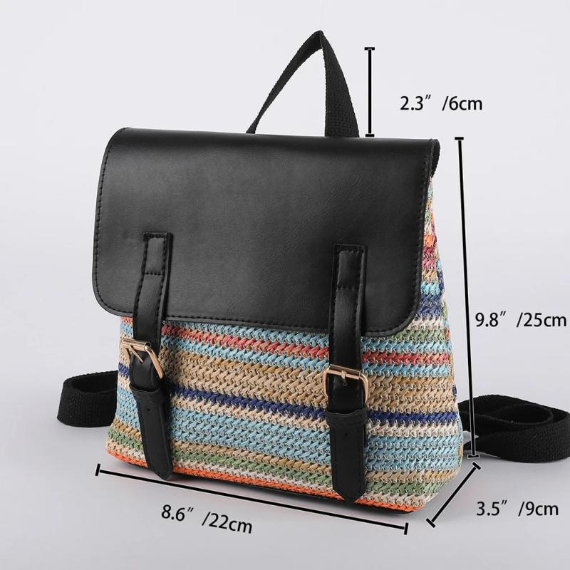 Women Multi-Function Backpack Straw PU Leather School Bag