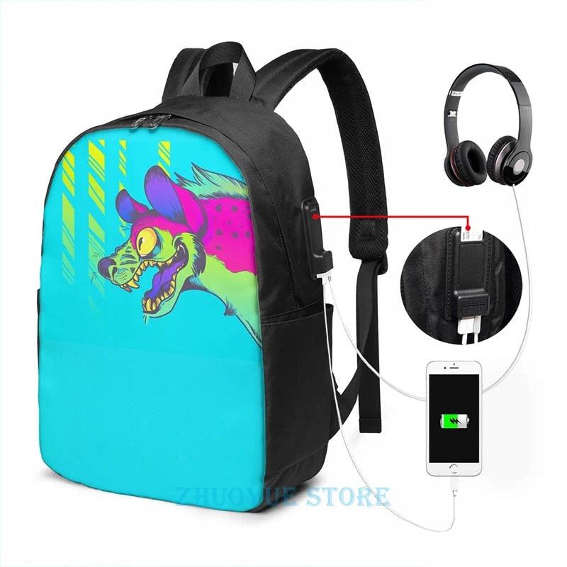 Funny Neon Hyena USB Charge Backpack Men School Travel Laptop Bag