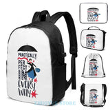 Funny Mary Poppins USB Charge Backpack School Travel Bag