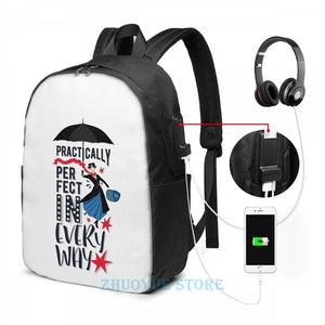 Funny Mary Poppins USB Charge Backpack School Travel Bag