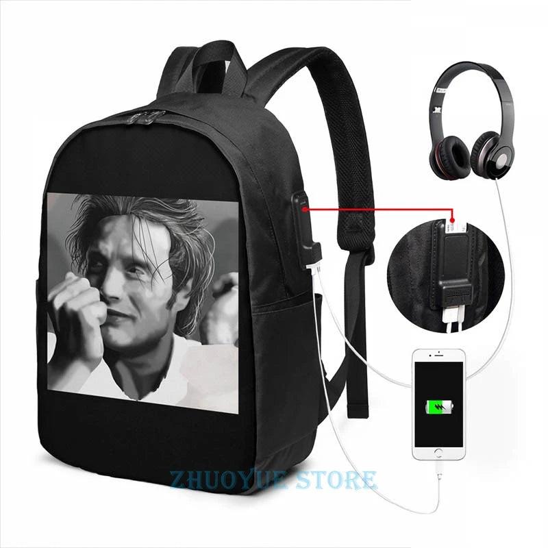 Funny Graphic Print Mads Hannibal USB Charge Backpack School Bag