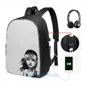 Les Miserables Musical Backpack USB Charge School Travel Laptop Bag