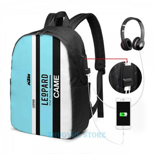 Funny Leopard Racing Backpack USB Charge School Travel Laptop Bag
