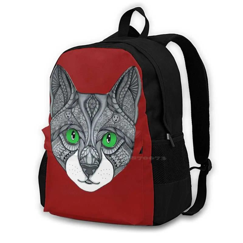 Grey Cat Face Doodle Line Art Green Eyes Laptop School Bag