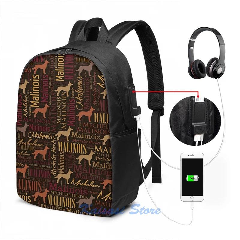 Belgian Malinois Dog Word Art USB Backpack School Travel Laptop Bag