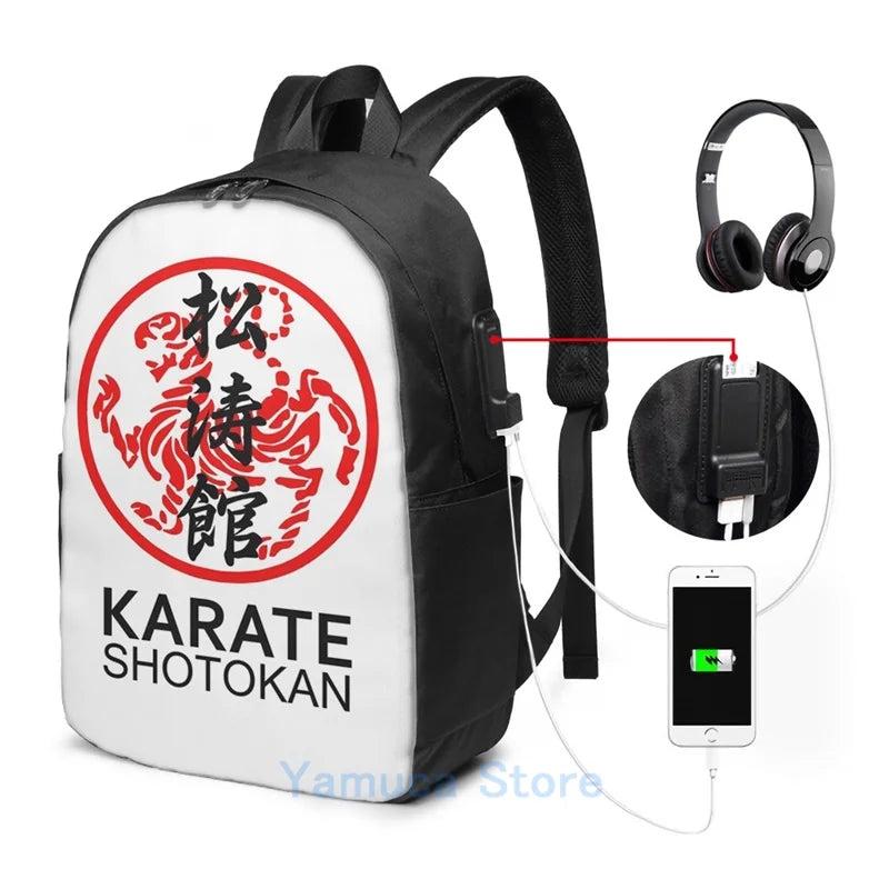 Shotokan Karate Symbol And Kanji USB Charge Backpack School Travel Bag