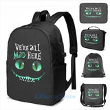 Cheshire Alice Cat Mad Here USB Charge Backpack School Travel bag