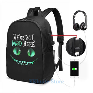 Cheshire Alice Cat Mad Here USB Charge Backpack School Travel bag