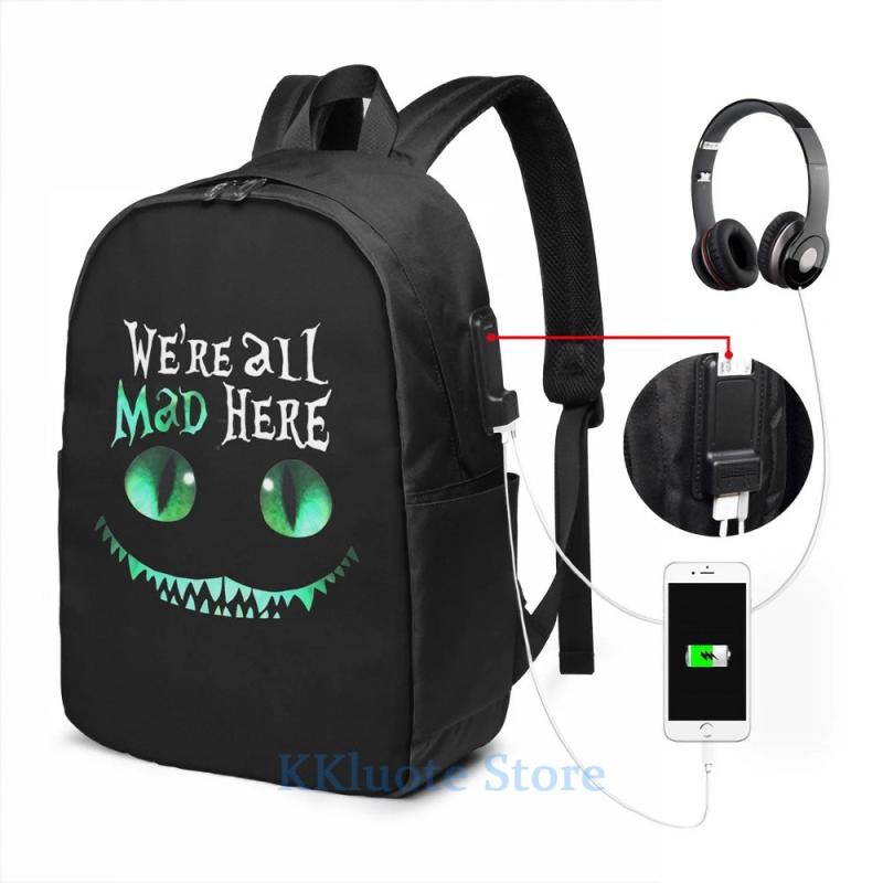 Cheshire Alice Cat Mad Here USB Charge Backpack School Travel bag