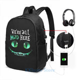 Cheshire Alice Cat Mad Here USB Charge Backpack School Travel bag