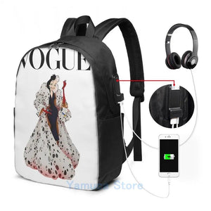 Graphic Print Cruella USB Charge Backpack Men Women Bag Travel Laptop Bag