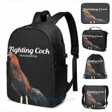 Funny Fighting Cock USB Backpack School Travel Laptop Bag