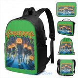 Funny Jack O Lantern Goosebumps 2 USB Charge Backpack School Travel Laptop Bag