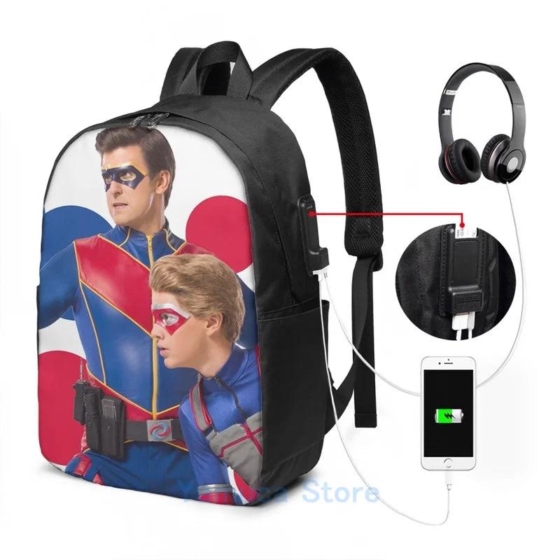 Funny Graphic Bubbles Captain Man and Kid Danger USB Charge Backpack